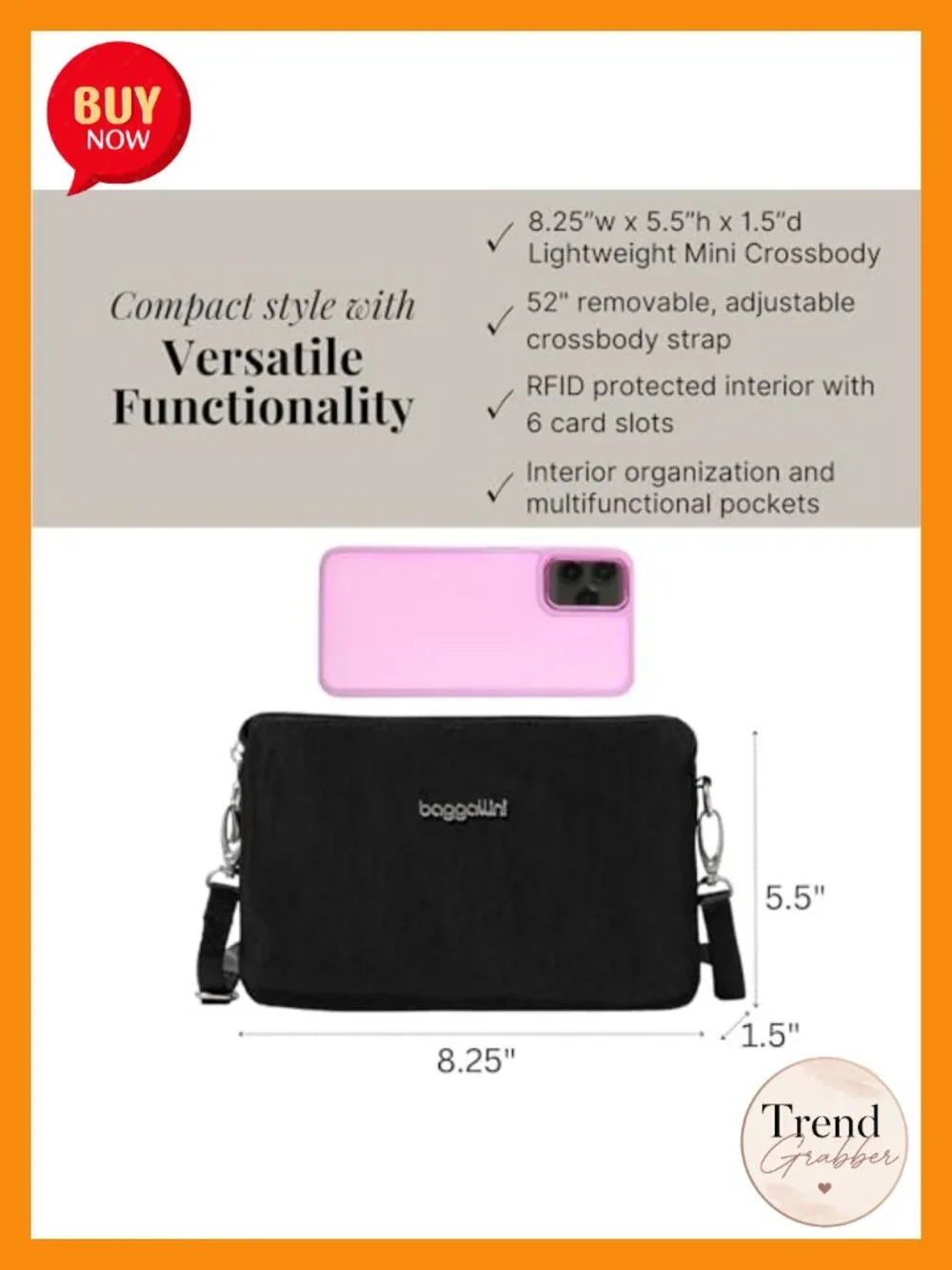 Convertible Mini Crossbody Wristlet Clutch - RFID Blocking, Water-Resistant